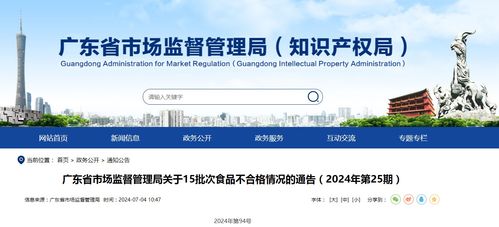 廣東省市場監督管理局關于15批次食品不合格情況的通告（2024年第25期）